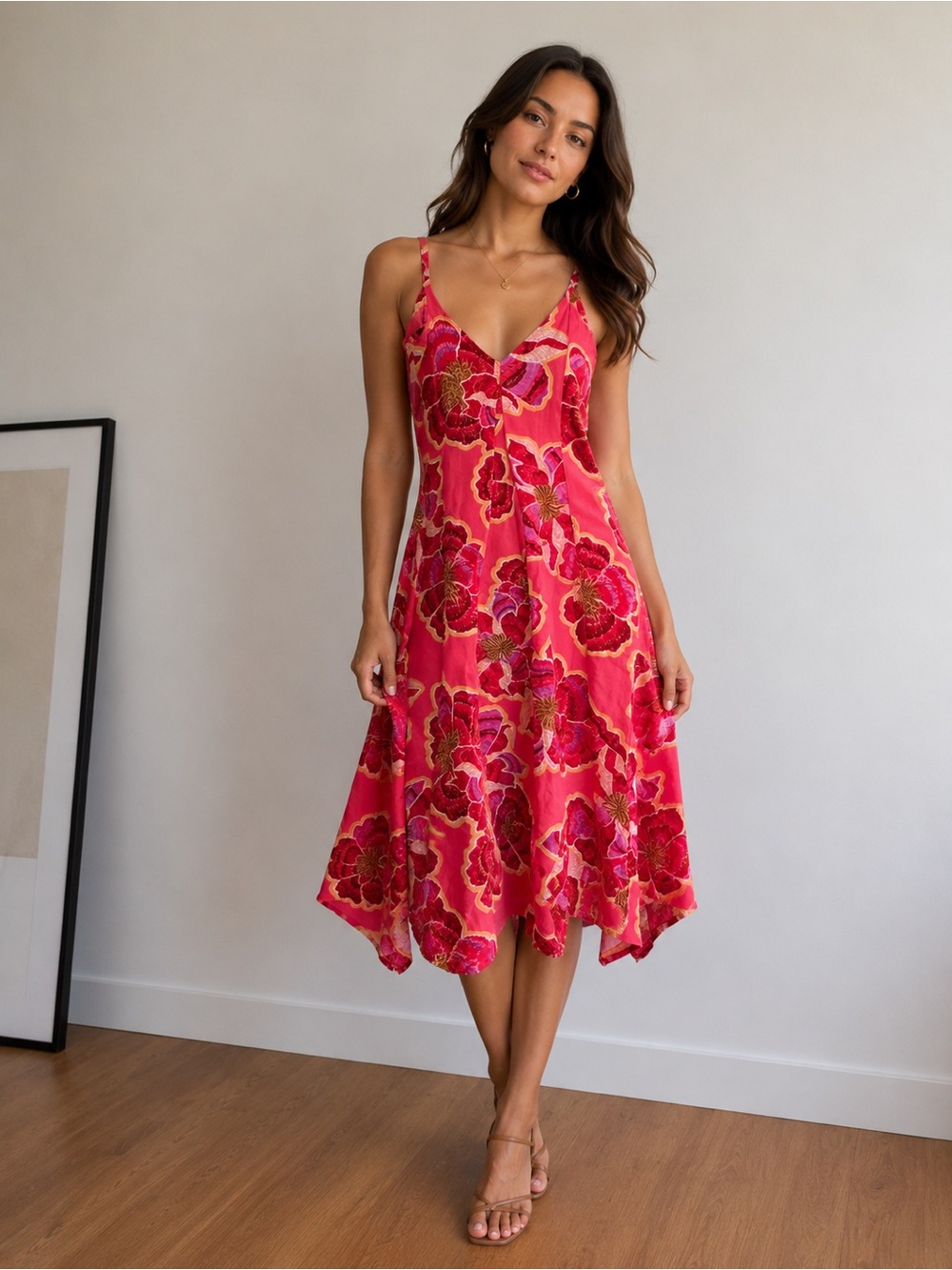 LOFT Pink & Red Floral Midi Slip Dress